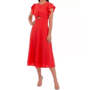 Maison Tara Women's 4 Coral Ruffle Sleeve Cut Out Waist Seersucker Midi Dress